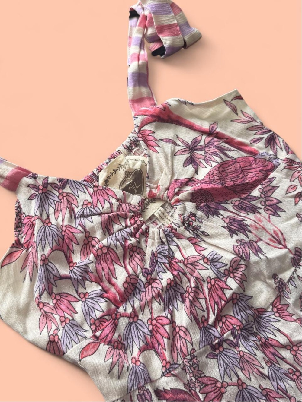 Cream Maxi Dress with Pink Floral & Bird Print Tie Straps